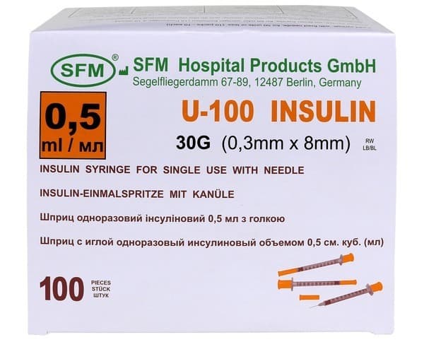 Insulin Syringe 0.5ml, U-100, 30G x 8mm Needle (100 Pack)