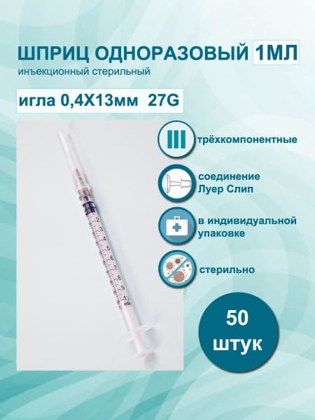 Insulin Syringes 1ml (50 Pack) U-100 27G 3-Part