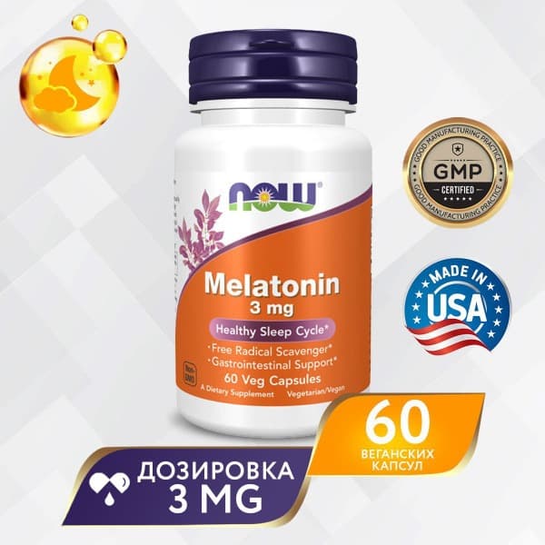 NOW Melatonin 3mg, 60 Capsules: Sleep Aid &amp; Brain Support