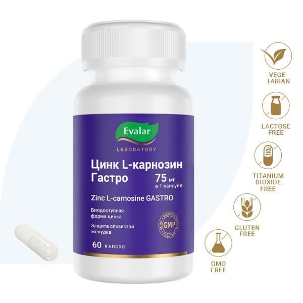 Zinc-L-Carnitine Gastro Capsules - 60 x 0.2g - Evalar