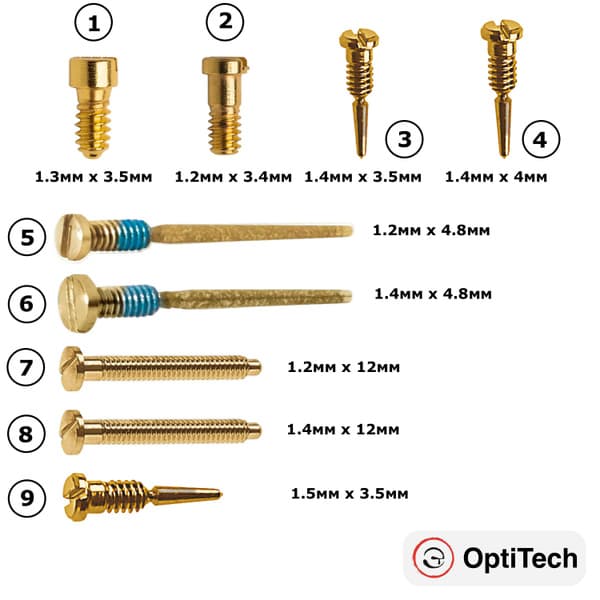 OptiTech Gold Eyeglass Temple Screws (9-Pack)