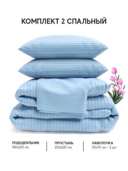 Luxury Blue Stripe Satin 2-Piece Bedding Set, 100% Cotton