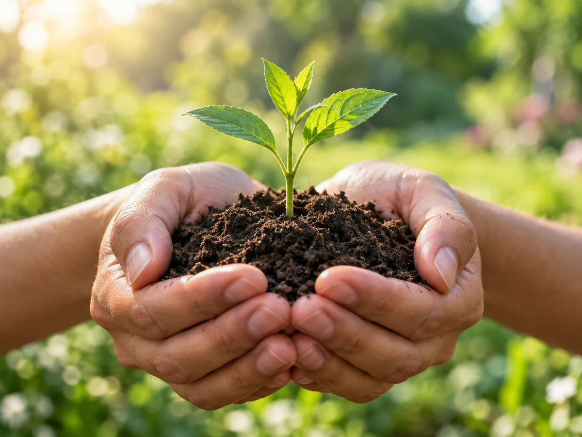 Illustrative hands nurturing a young seedling