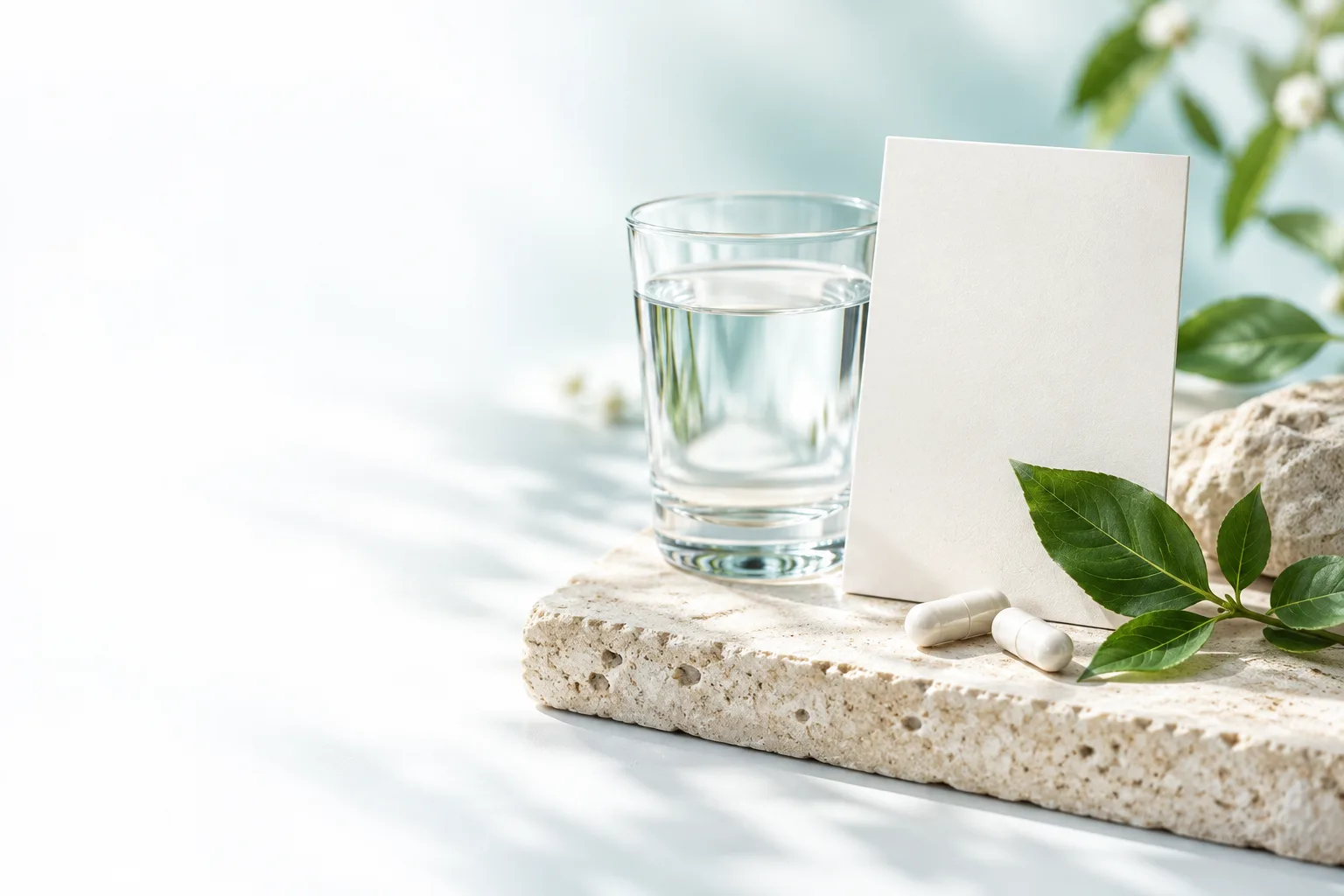 Glass of water, wellness card and fresh leaves on a stone pedestal