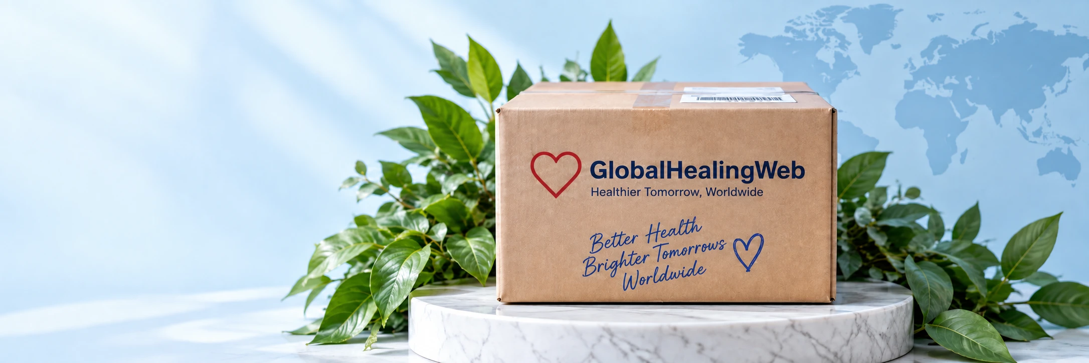 GlobalHealingWeb shipping box on a marble pedestal surrounded by green leaves