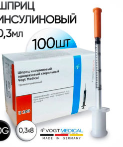 Vogt Medical 0.3ml Insulin Syringes with Integrated Needle (U-100, 30G, 100ct)